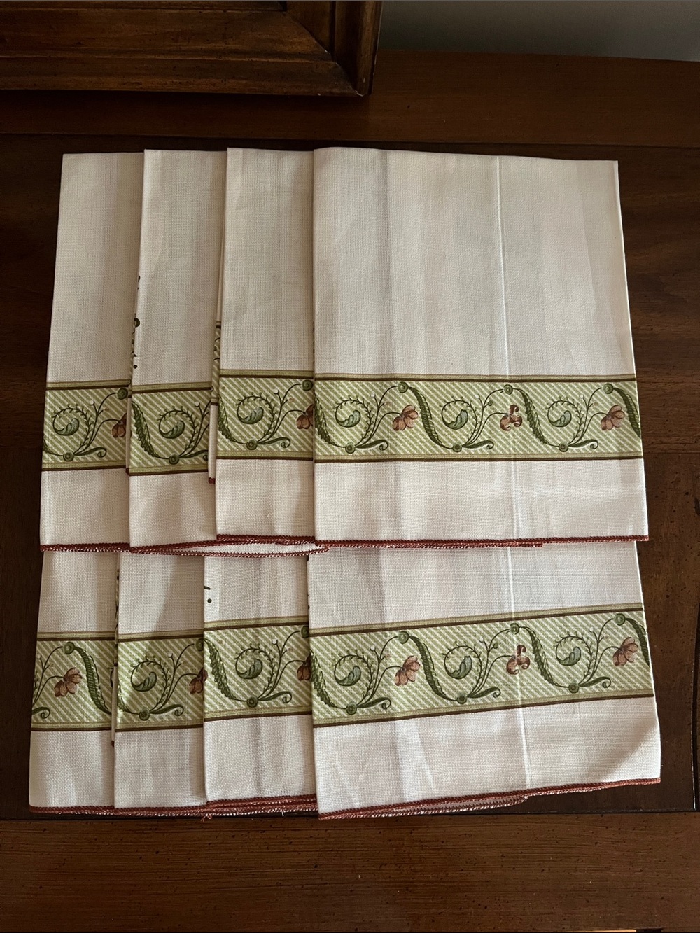 NWOT Pierre Cardin Cream Napkins with Green and Brown Floral Trim - Set of 8